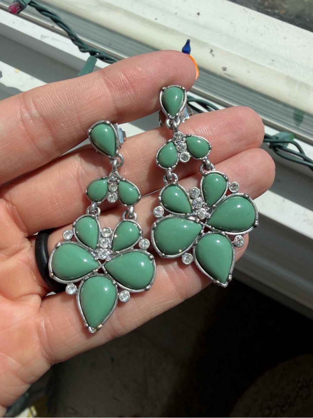 Lia Sophia Dangly Turquoise/Jade and Silver Earrings - Picture 2 of 4